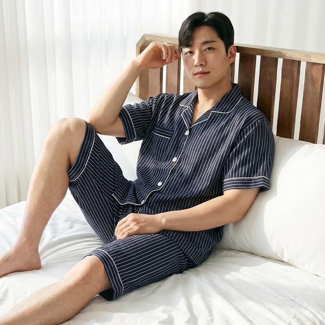 스트라이프 반팔 잠옷세트 남성 여성 카라 줄무늬 여름 잠옷 커플 파자마 홈웨어 상하의 세트