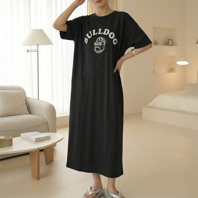 데일리앤 도그 반팔 롱 원피스 면 빅사이즈 프린팅 여성 여름 루즈핏 데일리