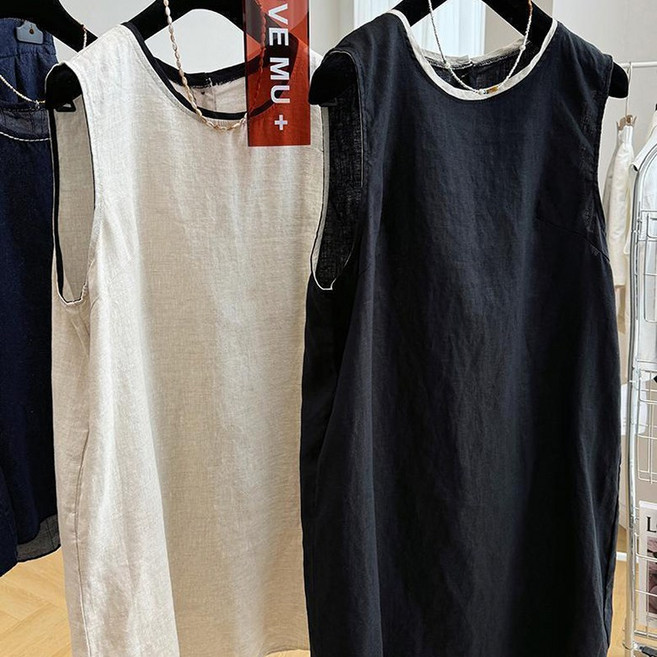 오버사이즈 민소매 조끼원피스 루즈핏 얇은 통기성 린넨 면나시 원피스 여름 캐주얼 시원한 미디 스커트