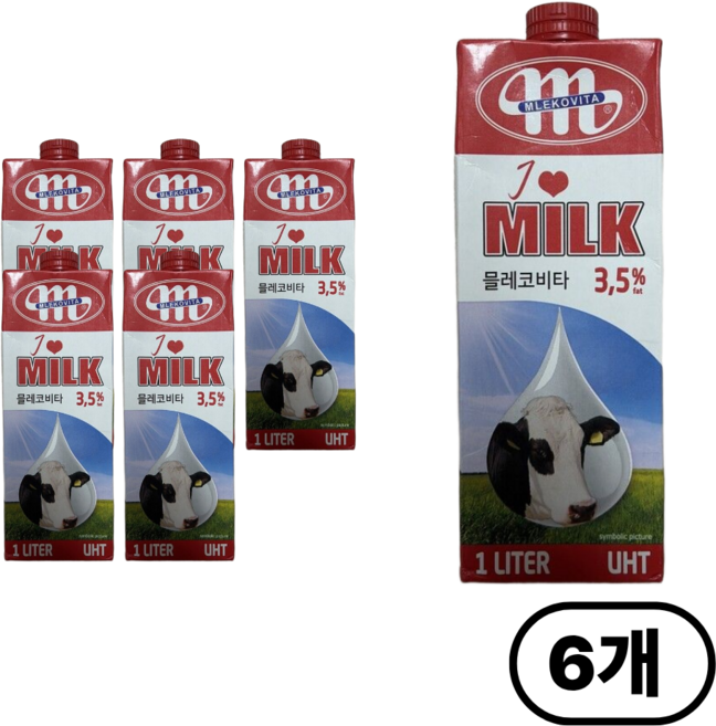믈레코비타 아이러브밀크 3.5% 수입멸균우유 흰우유, 1L, 6개