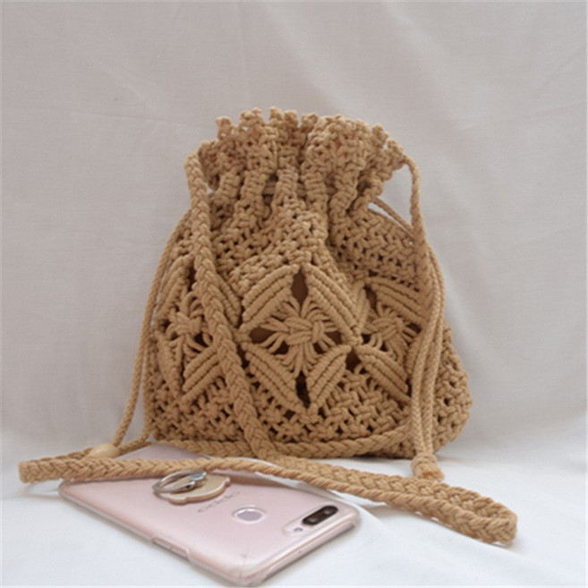 手工編織束口隨身包 單肩斜背包 手機包, 卡其