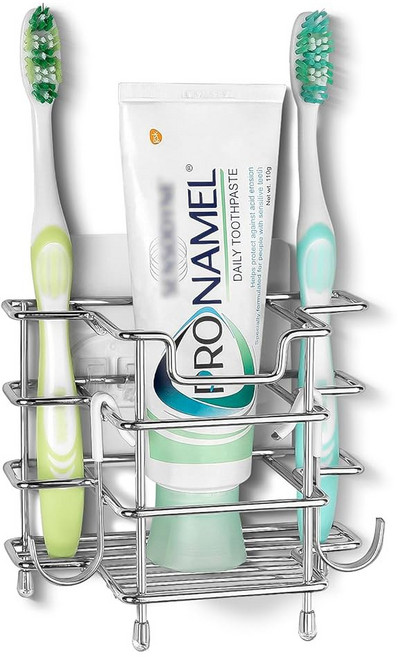 Linkidea 샤워용 벽 마운트 칫솔 홀더 스테인리스 스틸 치약 스탠드 자체 접착/조리대 3 슬롯 오거나이저 콜게이트 엑스트라 클린 오랄비 크로스액션 호환 구강용품 [, 실버, 1개