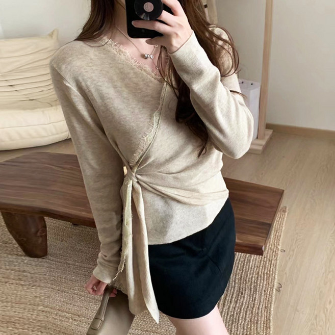 메이킹유 [청순여리] 랩 스타일 리본 레이스 긴팔 니트 청순 여리핏 데이트룩 WC10855피에나니트