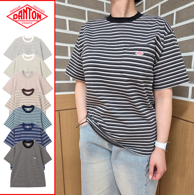 DANTON 단톤 남녀공용 스트라이프 포켓 반팔 티셔츠