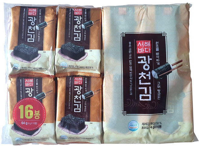 서해바다 맛있는 광천김 도시락김 재래김 조미김 4g, 16개