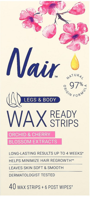 Nair 왁스 스트립 다리 및 몸용 난초 및 벚꽃 추출물 왁스 스트립 40개 + 포스트 티슈 6개, 1개