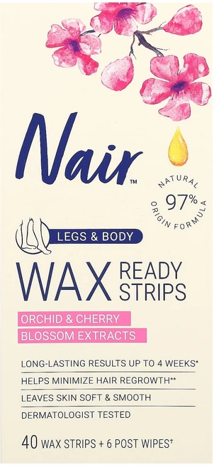 Nair 왁스 스트립 다리 및 몸용 난초 및 벚꽃 추출물 왁스 스트립 40개 + 포스트 티슈 6개, 1개 - 쿠팡