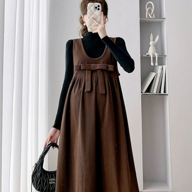 임산부 세트 봄 가을 여성 캐주얼 임부복 루즈핏 반폴라 상의 + 나시 원피스 기질 긴팔 임부 원피스 투피스 CY