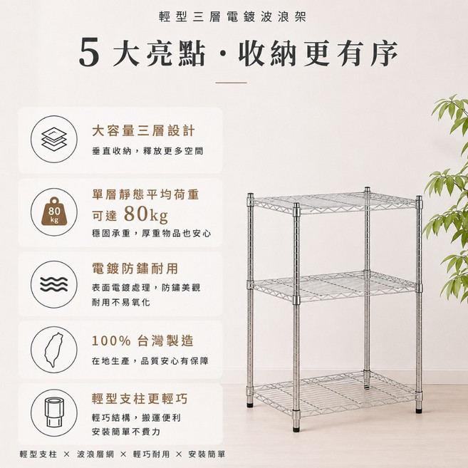 MIT台灣製 輕型三層電鍍波浪架, 90x45x90cm, N/A, 3