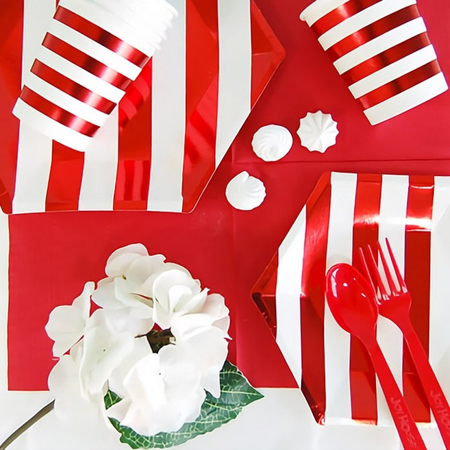 제이벌룬 일회용 파티접시, 1개, 20cm 육각 줄무늬 레드 6입