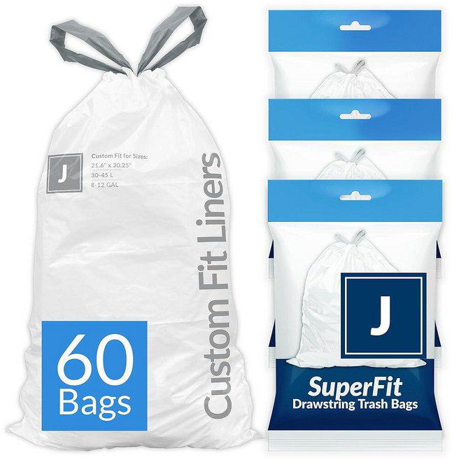 Reli. SuperFit Code J(60개) | Simplehuman J와 호환 디스펜서 팩 맞춤형 핏 라이너 드로스트링 쓰레기 봉투 30-45리터 / 8-12갤런 화이트, Reli. SuperFit Code J(60개) | S