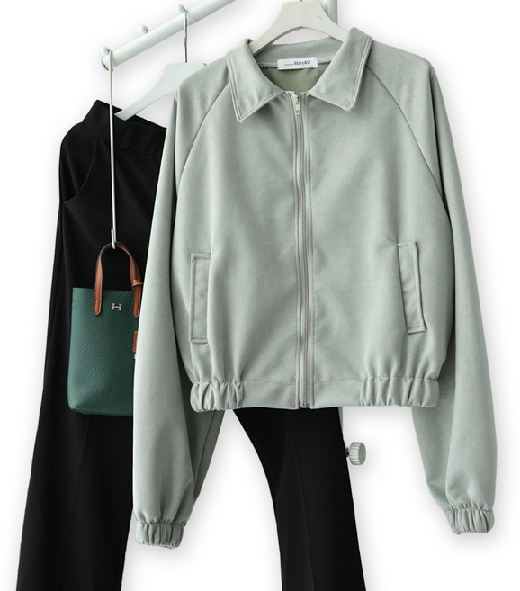 메리앤유 스웨이드 터치 크롭 숏 기장 카라 집업 밴딩 점퍼 간절기 아우터