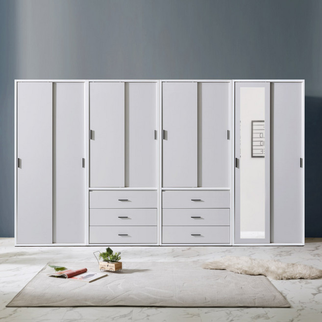 솜씨방 루디아 친환경 E0 3200 슬라이딩 옷장 세트 (이불장1 + 서랍옷장2 + 옷장1), 02_루디아 이불장1 + 서랍옷장2 + 거울옷장1, 그레이