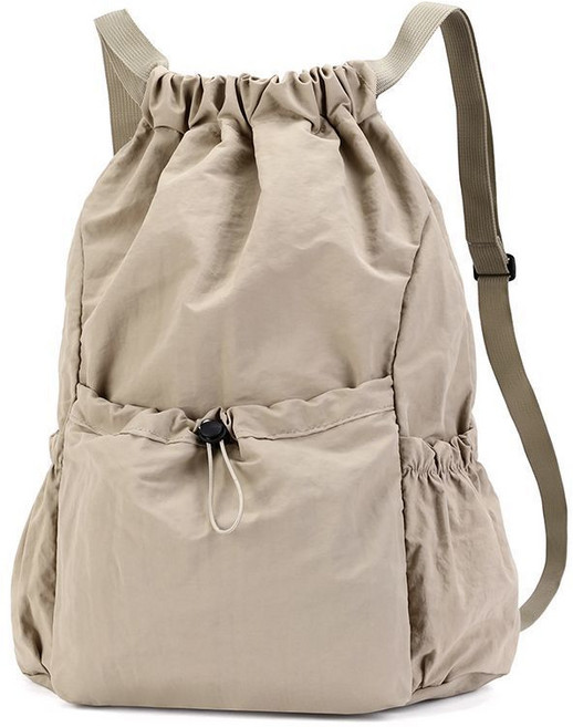 雙肩揹包 書包 男女學生 戶外時尚輕便 大容量防水 抽繩運動布袋, 卡其色, 1個