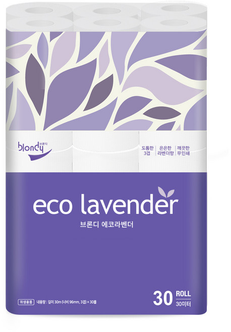 브론디 라벤더 3겹 고급 롤 화장지, 30m, 30롤, 1개