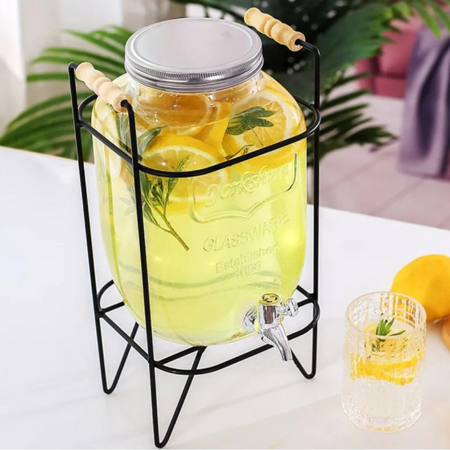 와이어 쥬스 디스펜서 4L/5L/8L + 받침대 세트 카페 업소용 투명 유리물병 워터 음료 수도꼭지 디스펜서, 1개