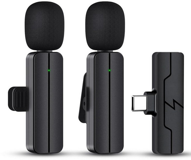 PGDLOF 아이폰 15/안드로이드/컴퓨터용 무선 라발리에 라펠 마이크 - 비디오 녹화용 블루투스 미니 폰 유튜브 틱톡 팟캐스트 블로그 및 라이브 스트리밍용 클립온 USB C, Dark 블랙