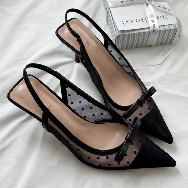 슈카롱 도트 시스루 망사 땡땡이 스틸레토 슬링백샌들 하이힐 7cm