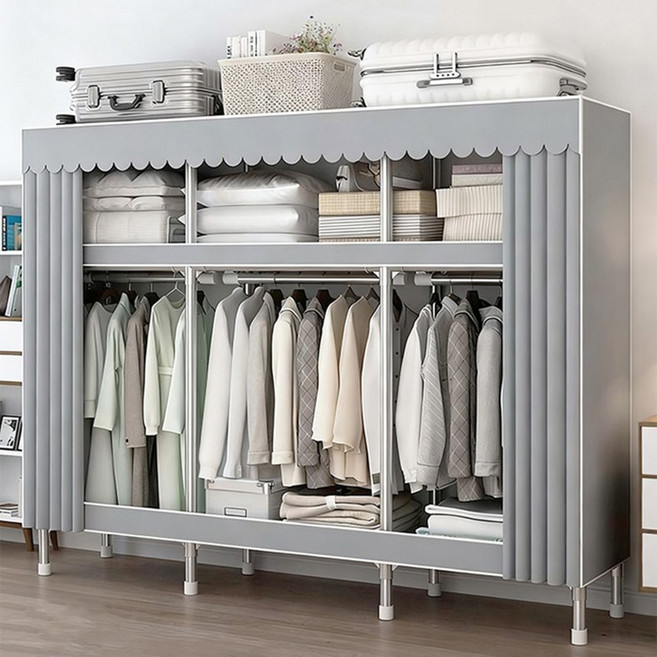 [시스슈] 26mm 굵게 보강된 강관 조립식 옷장 - 침실 가정 임대방용 간이 천 커버 옷장, 회색