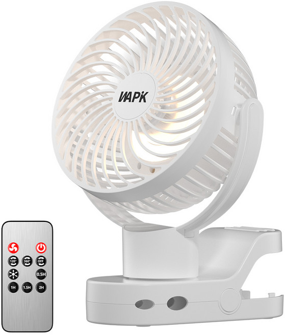 와피크 집게형 미니 무선 선풍기 F8 Pro USB충전식 탁상용 자동회전 무드등 유모차, 화이트