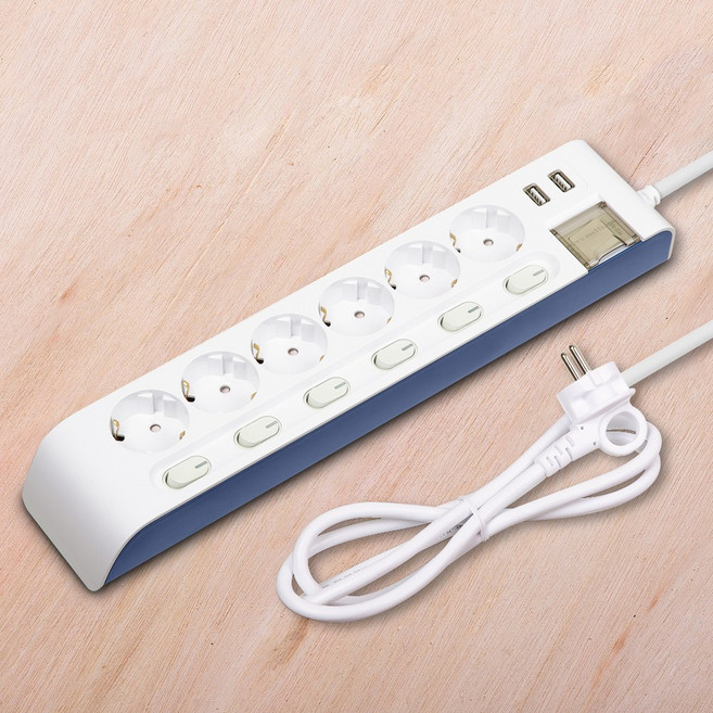 하이탭16A USB2P 개별6구1.5m 220V 접지플러그 멀티탭 멀티탭 멀티텝 전기멀티탭 전기선멀티탭 2구멀티탭, 1.5m, 1개, 블루+화이트