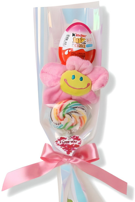 오로라 사탕 & 킨더조이 스마일 인형 꽃다발 학예회 재롱잔치 유치원 졸업식 어린이집 졸업 발표회, 핑크(킨더 여아)