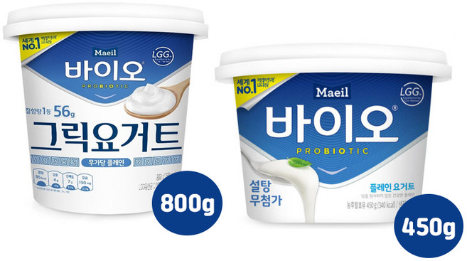 매일바이오 그릭요거트 무가당 플레인800g 1개+매일바이오 플레인요거트450g 1개/냉장무배