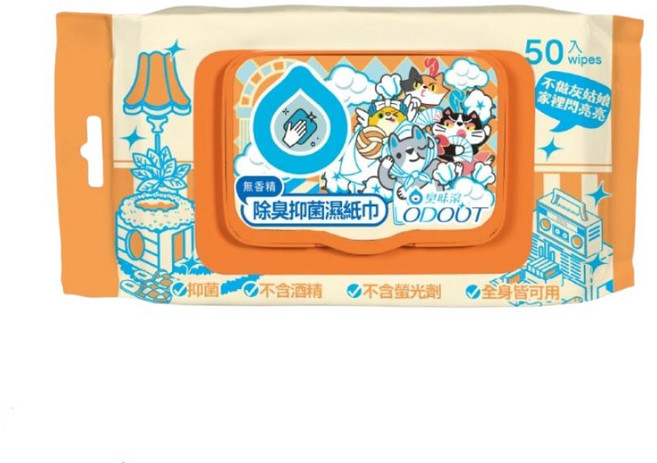ODOUT 貓咪專用 除臭抑菌濕紙巾 無香精 50抽, 310g, 50