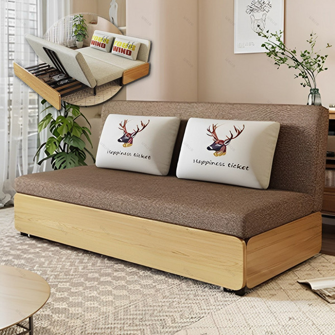 접이식 확장형 소파 침대 1/2/3인용 쇼파베드 겸용 거실 침대, 원목색+갈색(마직 원단)/수납장포함, 150CM