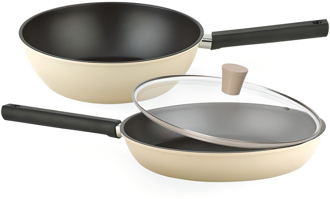 퀸센스 샌드 후라이팬 세트 3개, 베이지, 후라이팬 28cm + 궁중팬 28cm + 유리뚜껑 28cm, 1세트