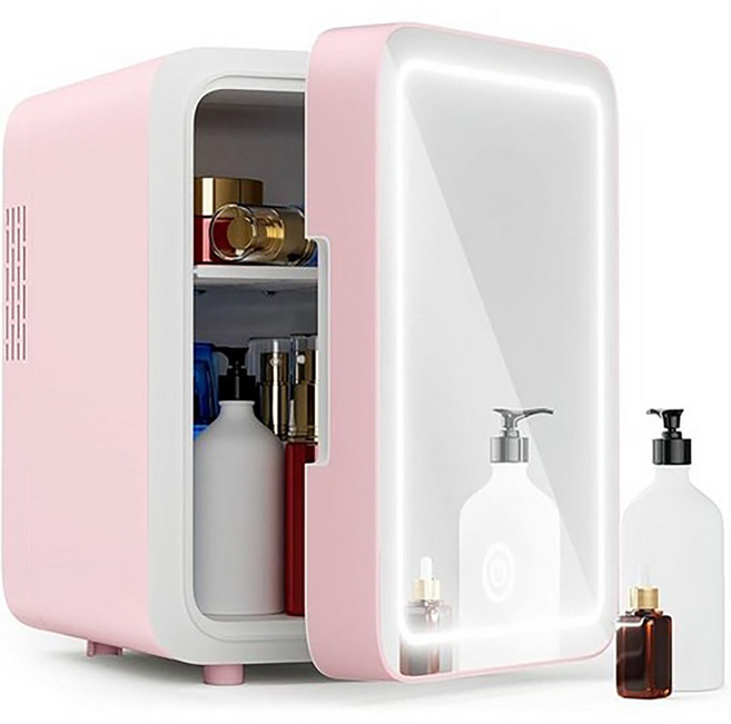 Fowod 화장품 냉장고 미니 냉장고 LED 미러 디자인 6L, 분홍색, 화장품 냉장고 6L