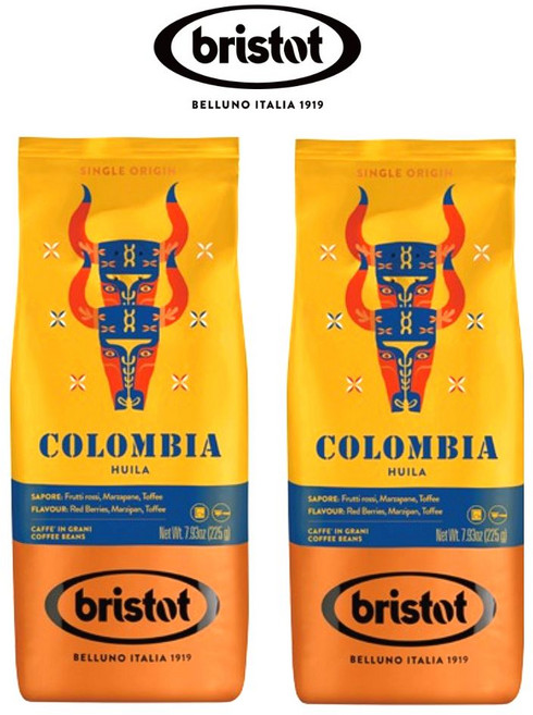 미슐랭 [브리스토트] BRISTOT SINGLE COLOMBIA 싱글 콜롬비아 | 이탈리아 에스프레소 원두 | 미디엄 로스팅 | 225g, 2개, 홀빈(분쇄안함)