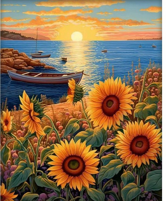 저녁놀 해바라기 조각퍼즐 바다 작은 배 풍경화 황금재물 금전운에 좋은 풍수 컬렉션 그림퍼즐 집콕취미 어르신 효도선물, 저녁놀 해바라기 바다 풍경 퍼즐3번, 1개