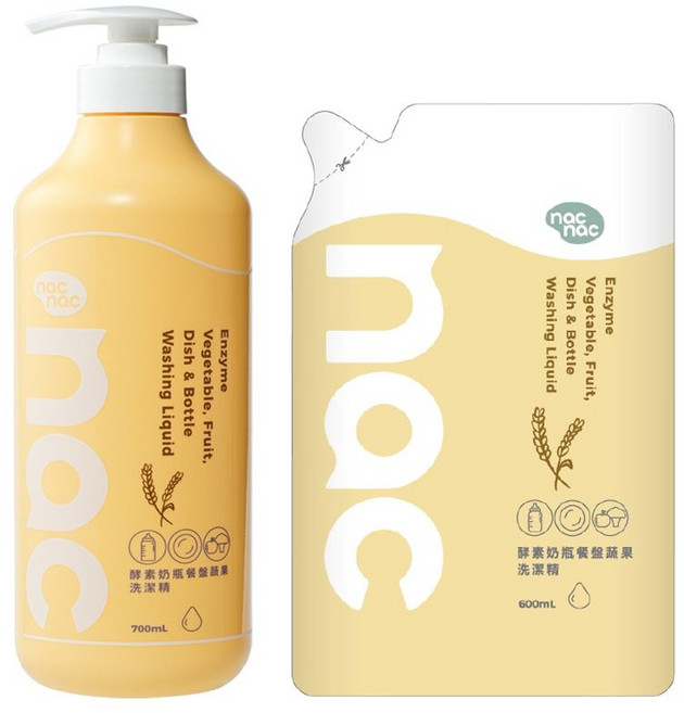nac nac 酵素奶瓶蔬果洗潔精，1罐1補充包，總容量1300ml，溫和清潔配方, 1個, 1.3L