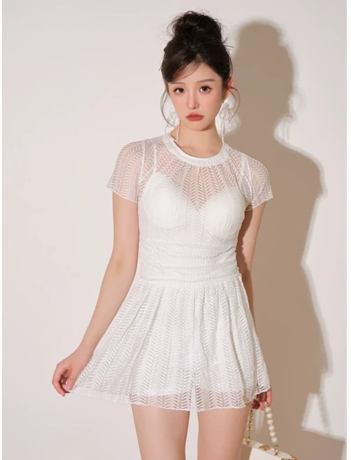 FINE ART 여성용 귀여운 모노키니 비치 바캉스룩 수영복 원피스 ZM124, 흰색