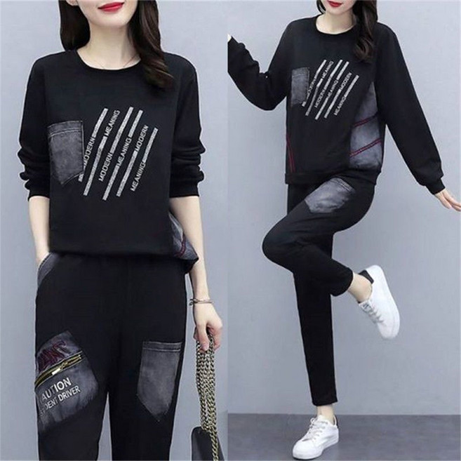 TKX 여성용 봄 가을 캐주얼 패션 긴팔 티셔츠 바지 세트 레터링 프린팅 패치워크 디자인 KC81