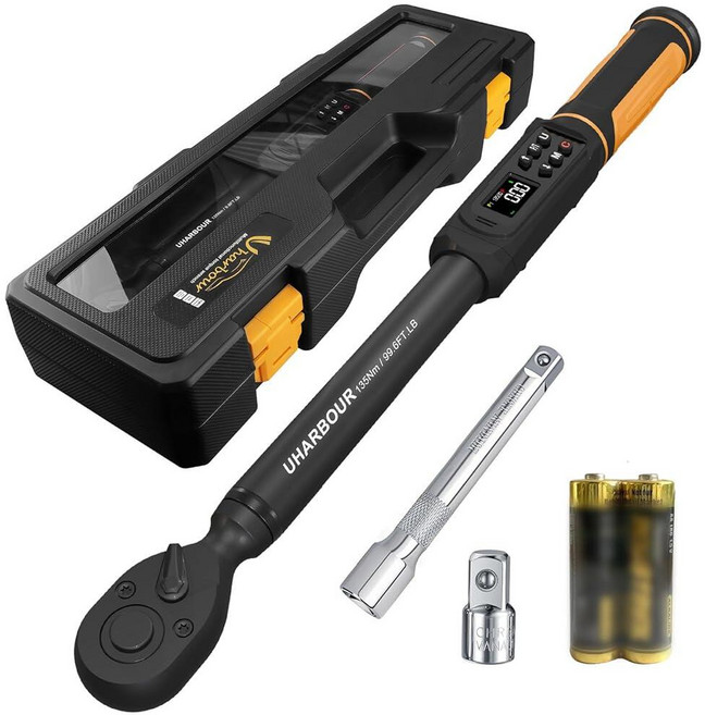 Uharbour 디지털 토크 렌치 3/8 드라이브 0.5-100ft-lbs./6.8-135Nm 범위 이중 방향 래칫이 있는 전기 렌치 진동 버저 및 LED 경고 기능이, Uharbour 디지털 토크 렌치 3/8 드라이브, 0