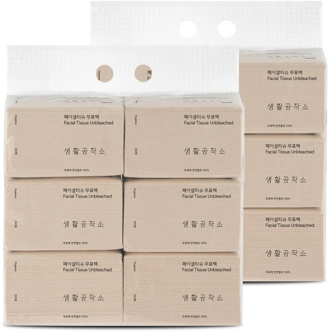 생활공작소 페이셜 무표백 천연펄프 미용티슈 2겹, 250매, 12개 - 쿠팡
