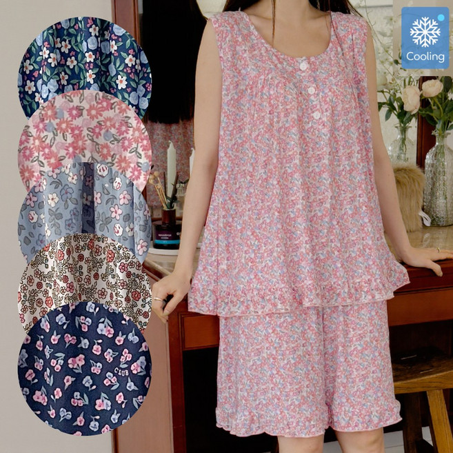 냉감 플라워 프릴 민소매 상하세트(여)