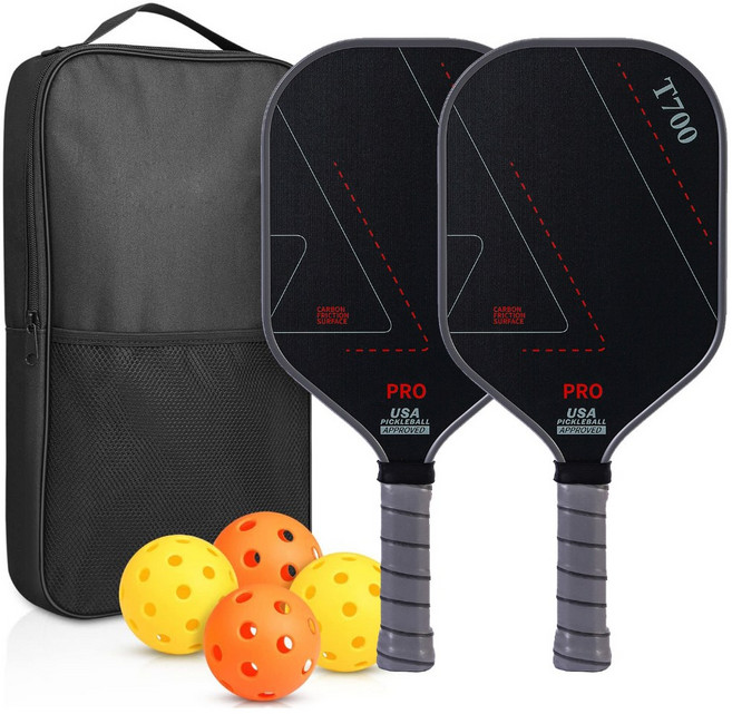 T700 匹克球拍套裝, 黑紅色2拍+4球+包, 1套
