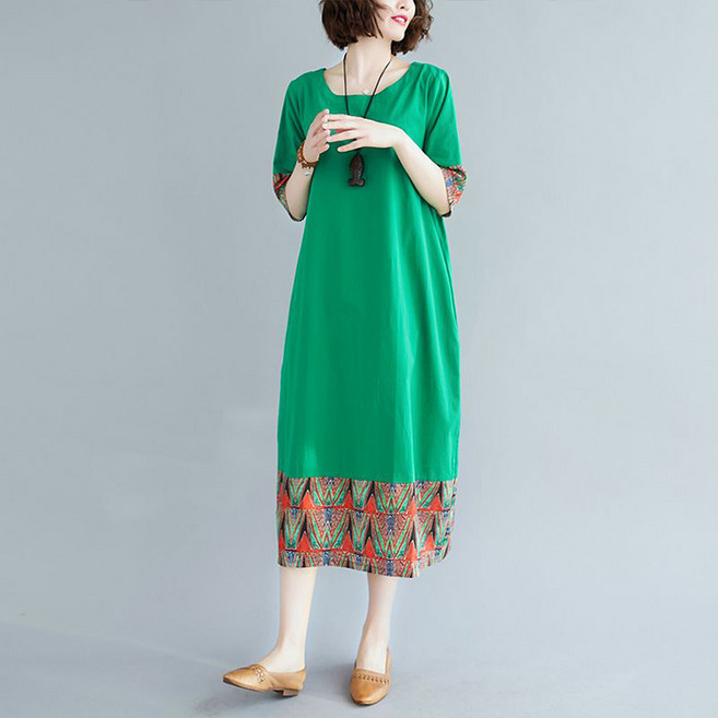 ORZQU 여름 원피스 중년 여성 빅사이즈 루즈핏 반팔 롱원피스