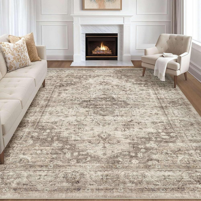 8x10 Area Rugs Living Room: Washable Boho Large Neutral Vintage Soft Rug Stain Resistant Distresse