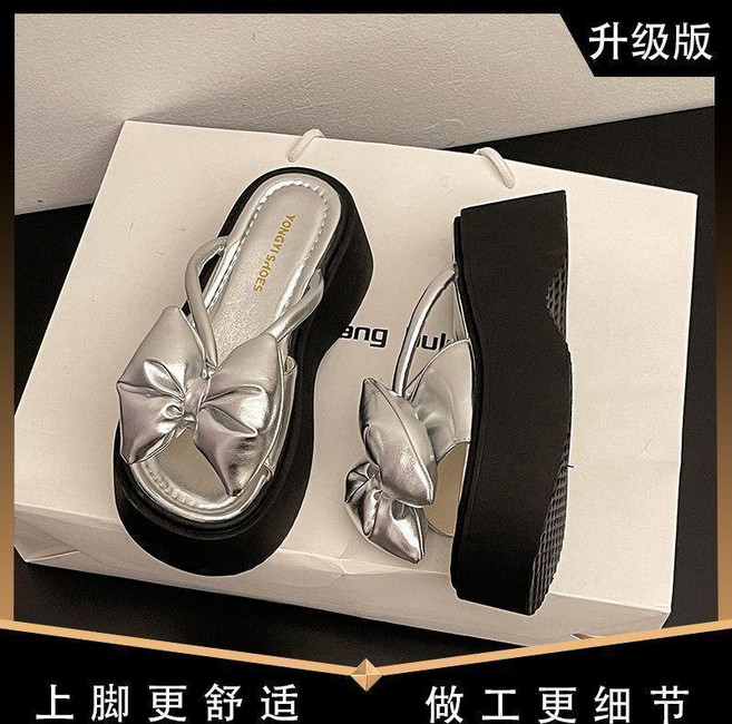 YONGYI SHOES 蝴蝶結厚底增高涼鞋, 銀色, 40