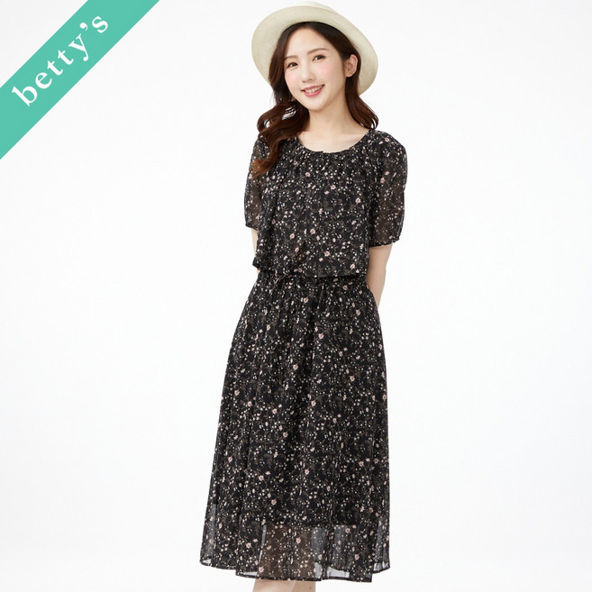 betty's 貝蒂思 抽繩雪紡碎花洋裝, 黑色,M