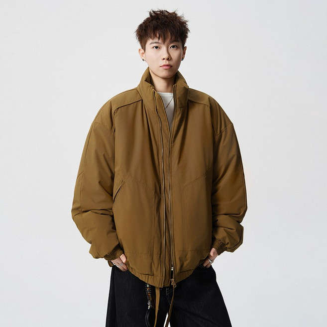 男士純色立領寬鬆加絨加厚棉服，冬季保暖羽絨服外套，休閒百搭短版麵包服棉大衣