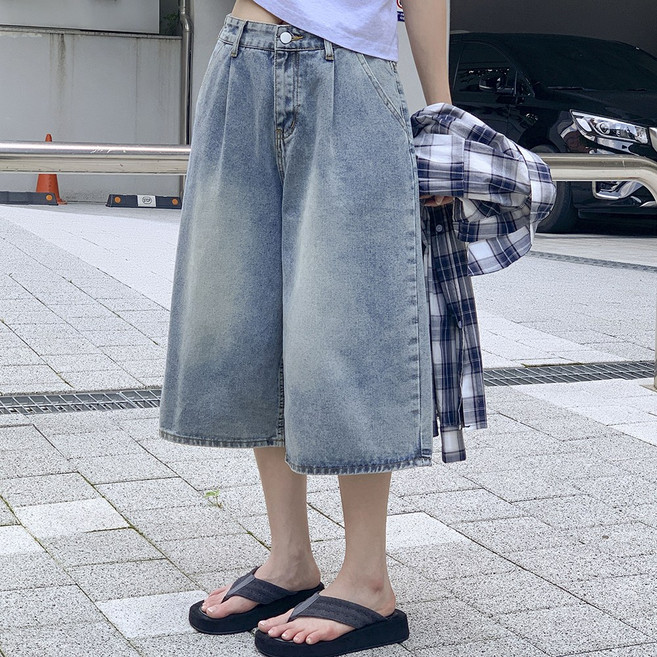 앤샵 [기장선택/빅사이즈/남녀공용] 버뮤다 와이드 데님 팬츠 원핀턱 간절기 개강룩 청반바지