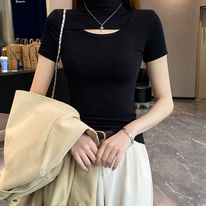 여성 반폴라 반팔티 패션 슬림핏 펀칭 반팔 티셔츠 여름 데일리 여자 반팔 목폴라티 이너 티셔츠 LCC