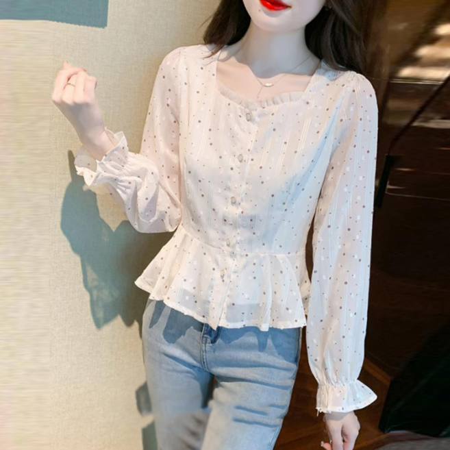 TKX 여성용 도트 블라우스 긴팔 여름 봄 데일리 루즈핏 우아한 오피스 캐주얼 스타일 셔츠