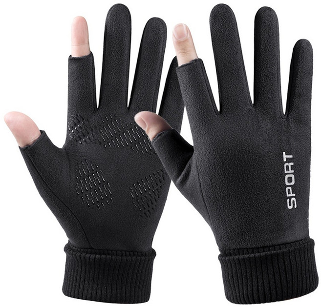 겨울 방한 스웨이드 손가락 오픈 스포츠 장갑 핑거 오픈 터치 라이더 낚시 등산 배달대행, 블랙_