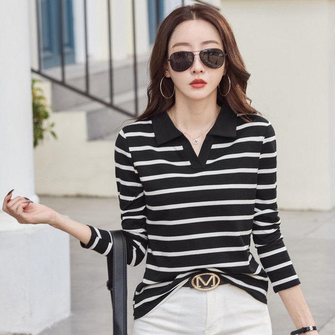 여성 스트라이프 카라 긴팔티셔츠 봄 줄무늬 상의 골프티 긴팔 면티 골프웨어